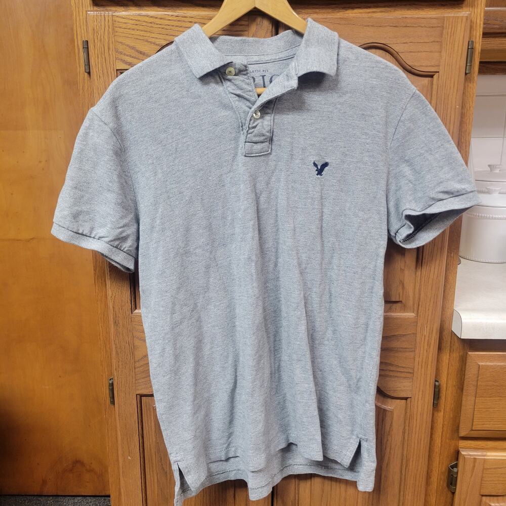 American Eagle Mens Grey Athetlic Fit Polo Size M 100% Cotton Made in Vietnam